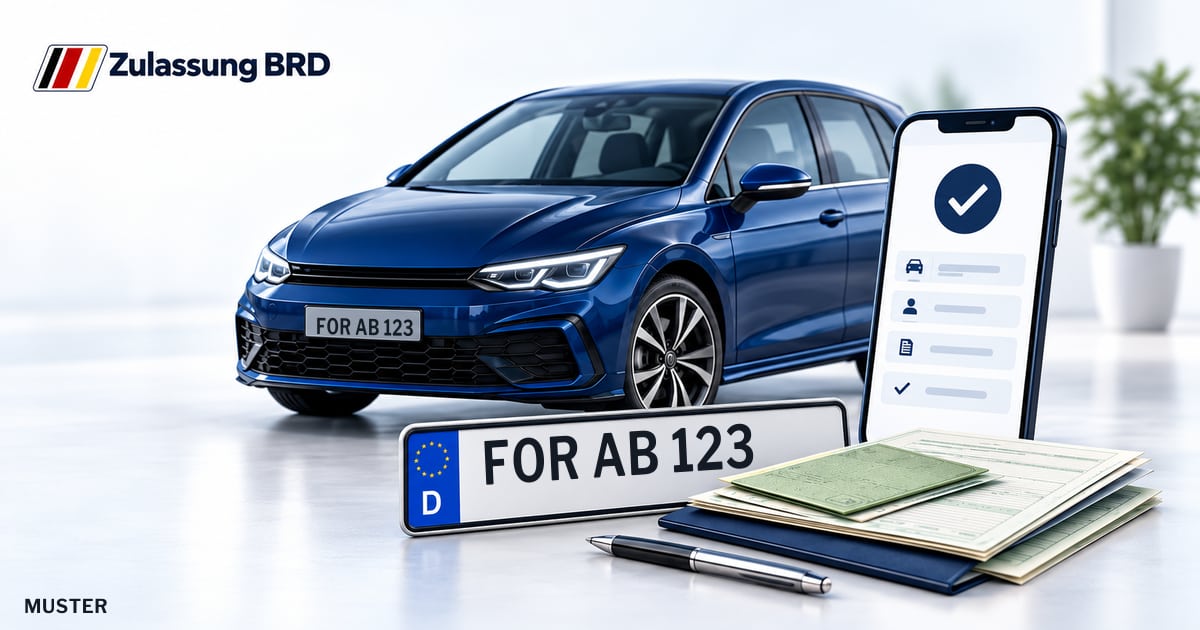 Online Fahrzeugzulassung in Spremberg/Grodk: Musterkennzeichen FOR AB 123, Auto und Fahrzeugpapiere und Smartphone. Illustration mit Logo von Zulassung BRD.